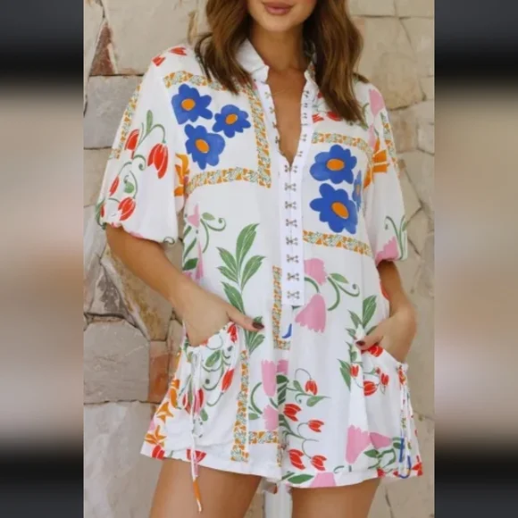 White Floral Print Split Neck Pocketed Shirt Collar Romper - Picture 1 of 7